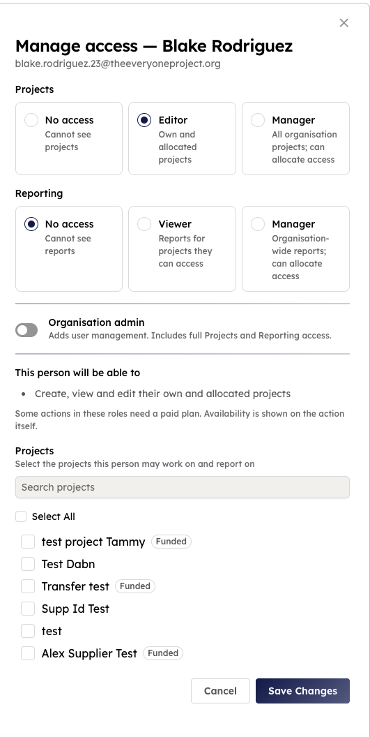 Manage access form showing Projects, Reporting and Organisation admin options